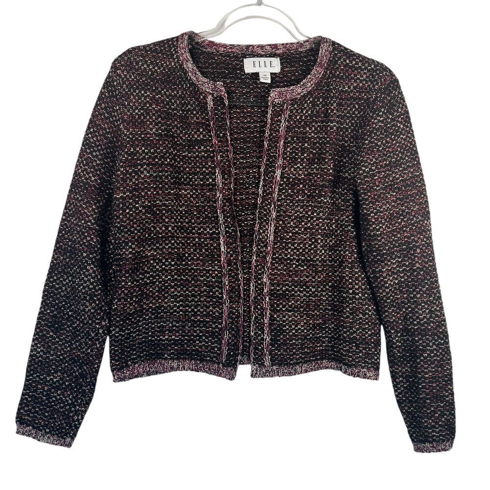 ELLE Black Pink Speckled Cropped Cardigan Sweater Open Front‎ Knit XS Clueless